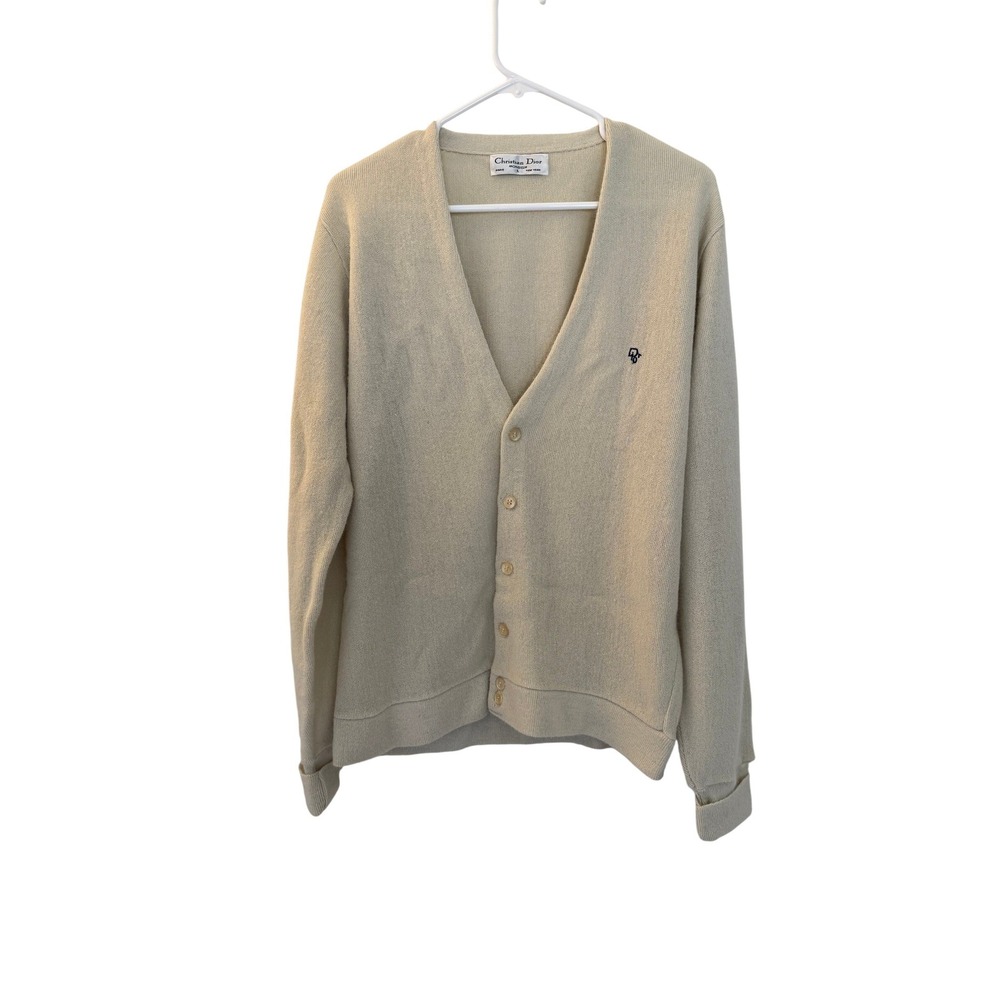 Vintage 80s Christian Dior Monsieur Cardigan Sweater Men Large Cream Made in USA